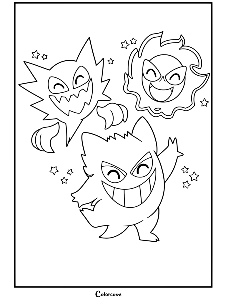 Haunter, Gastly y Gengar rodeados de estrellas brillantes contra un fondo morado, dibujo de Pokemon de Halloween terminado