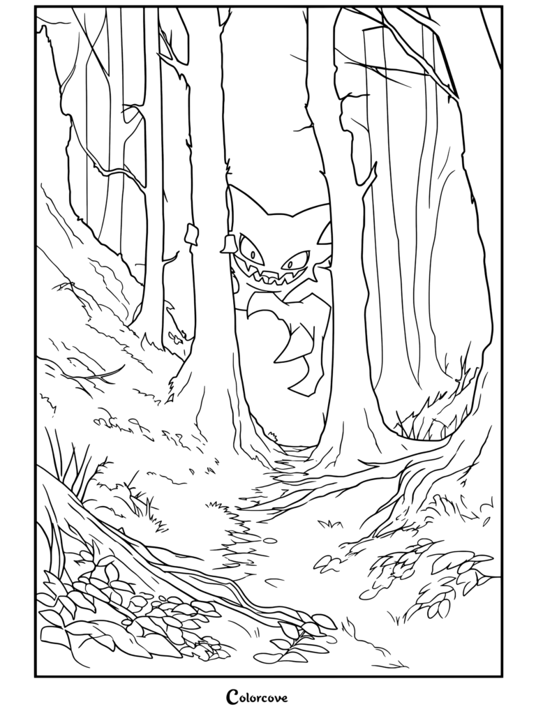 Haunter asomándose entre árboles brumosos del bosque por la noche con luciérnagas brillantes, dibujo de Pokemon de Halloween terminado