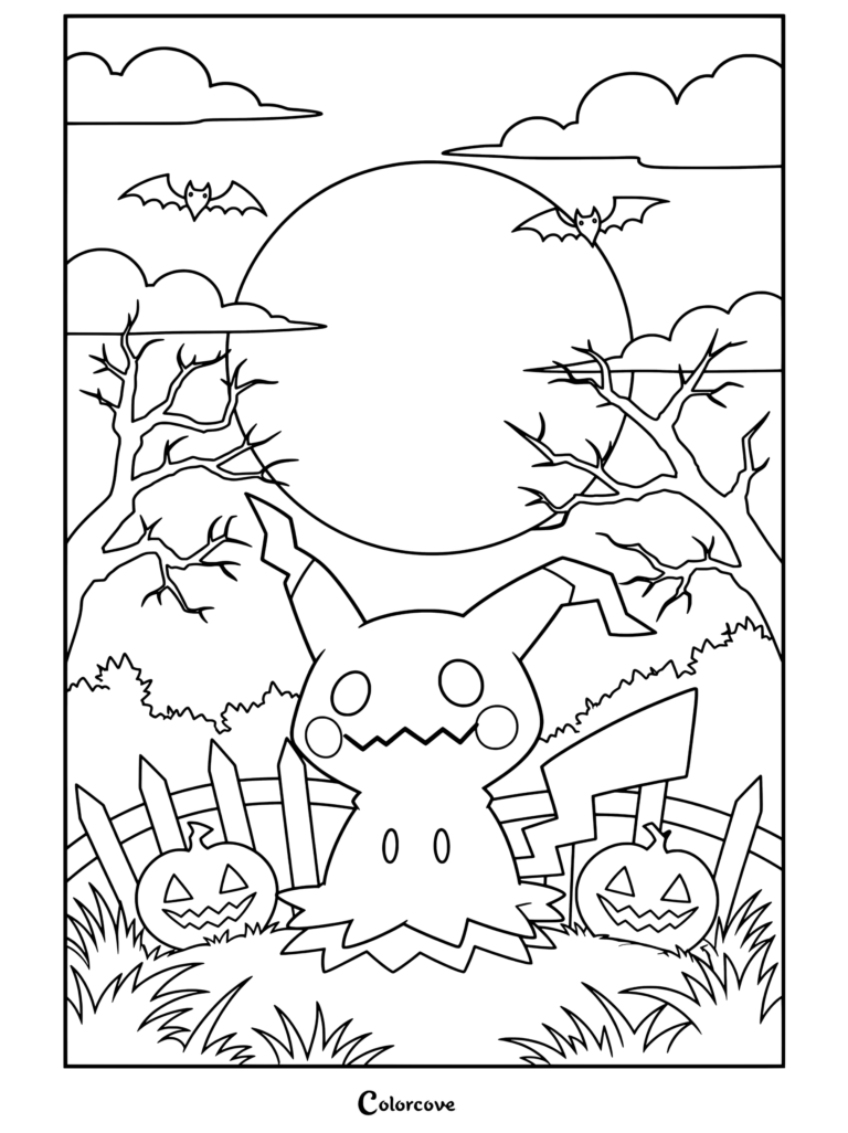 Un dibujo de Pokemon de Halloween con Mimikyu en un cementerio bajo una luna llena con murciélagos y calabazas.