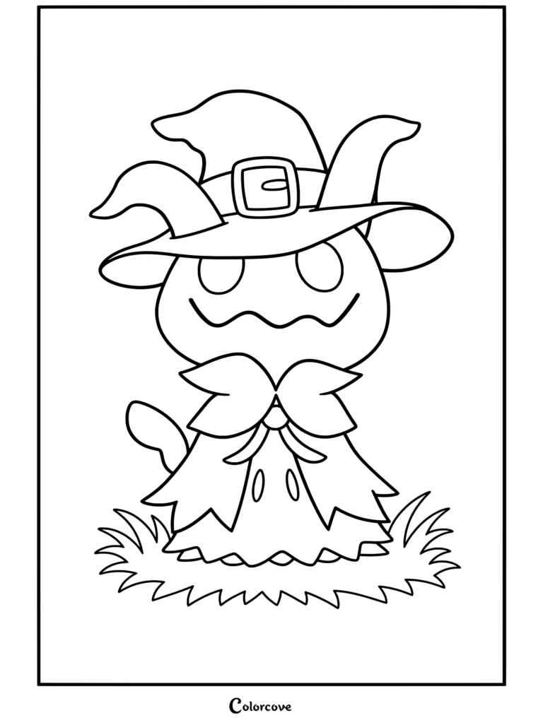 Mimikyu con sombrero de bruja y capa morada de pie sobre una niebla mágica morada, dibujo de Pokemon de Halloween