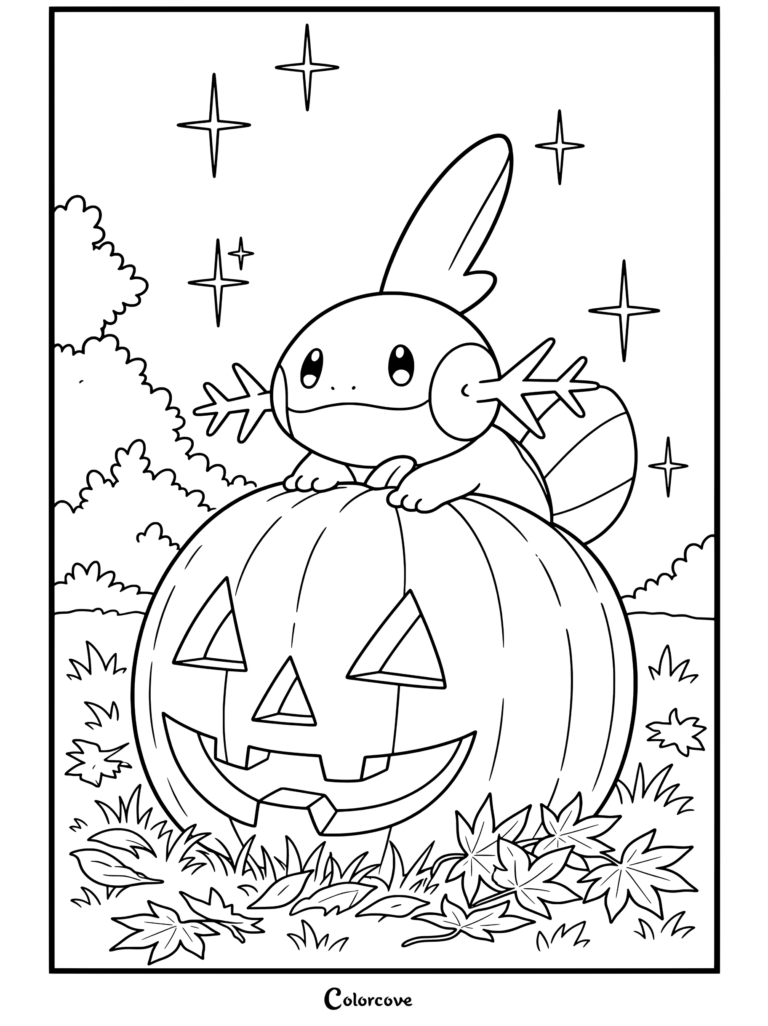Mudkip sentado encima de una calabaza tallada al aire libre por la noche con hojas de arce, dibujo terminado para fans de Pokemon de Halloween.