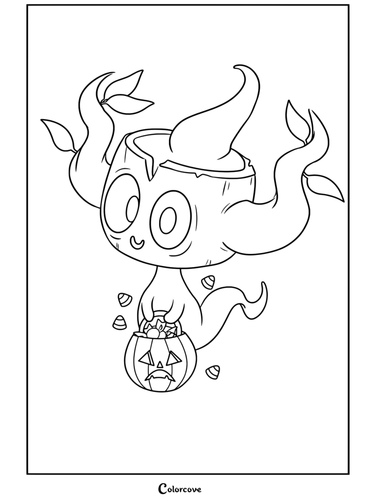 Phantump con un gorro de calavera roto sosteniendo un cubo de calabaza lleno de caramelos de maíz en este dibujo de Pokemon de Halloween.