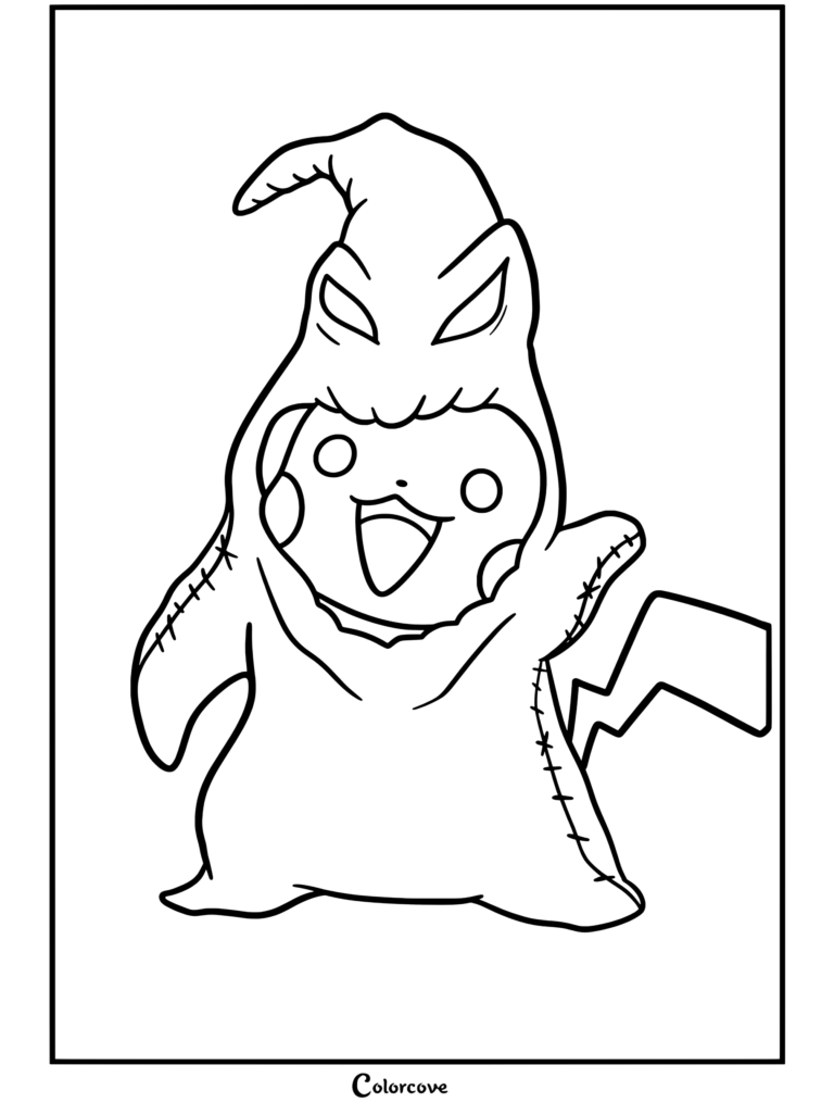 Pikachu disfrazado de Oogie Boogie de Pesadilla antes de Navidad sosteniendo una cola de rayo amarillo en este dibujo de Pokemon de Halloween.