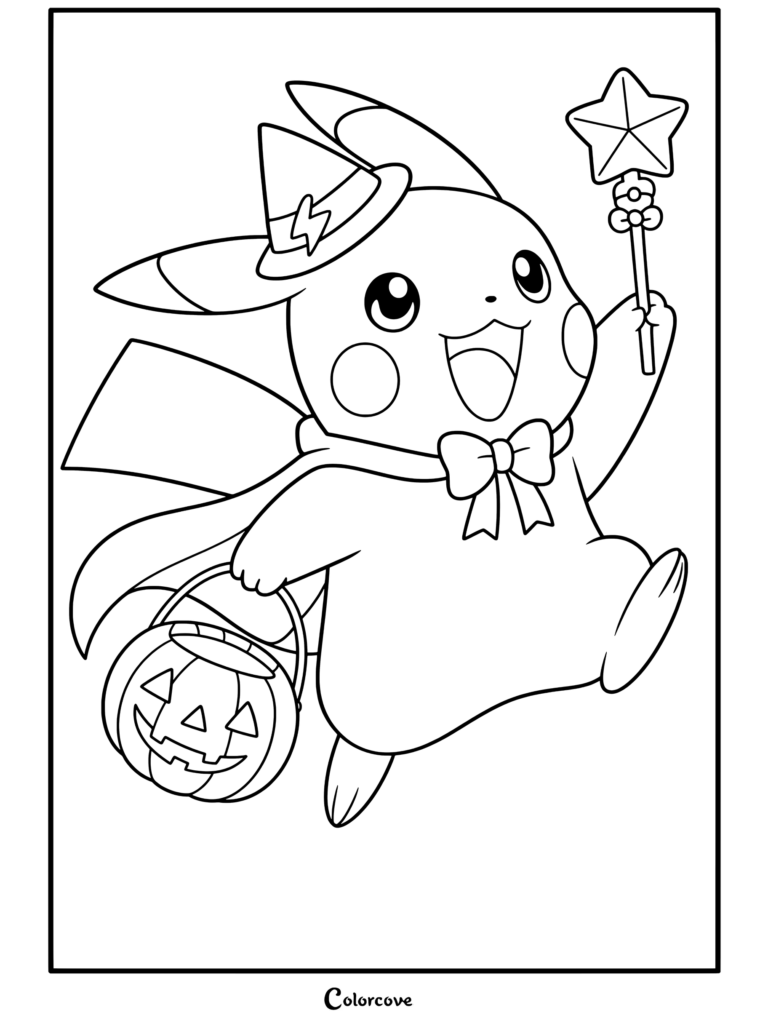 Pikachu vestido con disfraz de Halloween con sombrero de bruja, capa, varita de estrella y cubo de calabaza, dibujo terminado para fans de Pokemon de Halloween.