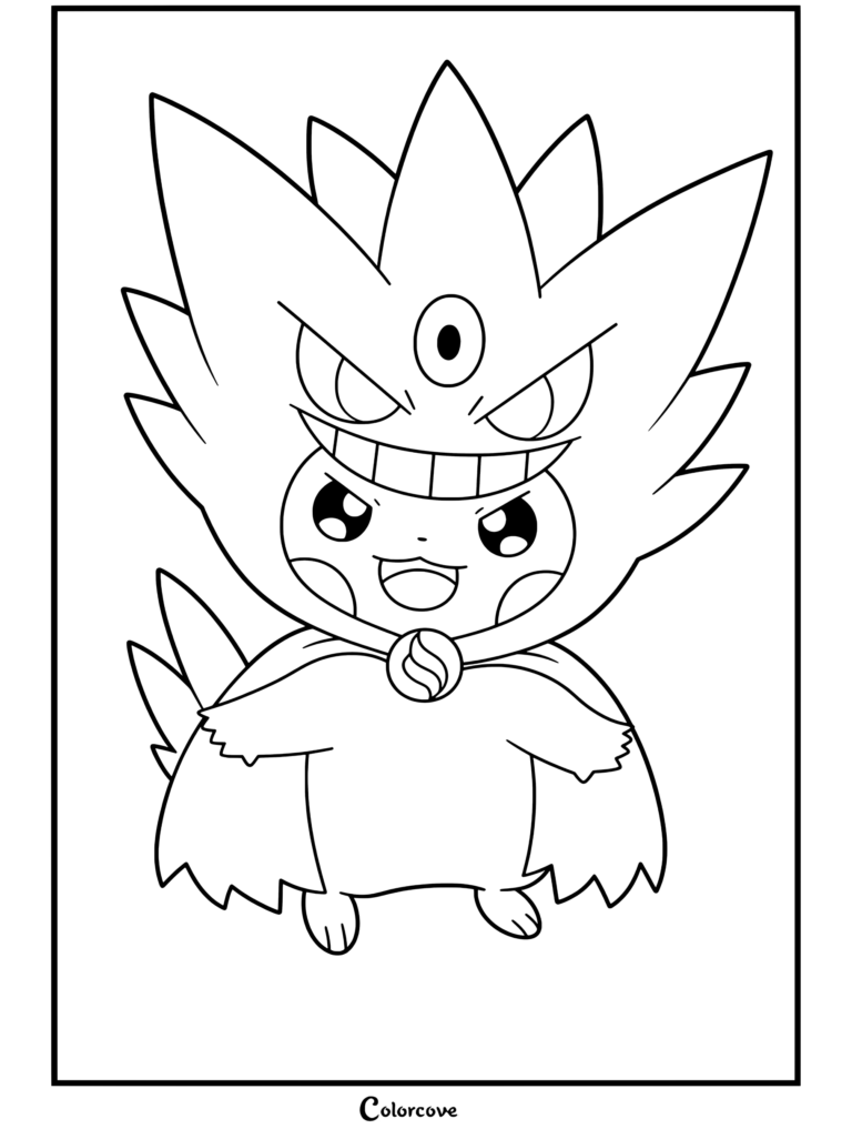Pikachu vestido con disfraz de Halloween de Mega Gengar con sonrisa malvada y cierre de megapiedra, dibujo terminado para fans de Pokemon de Halloween.