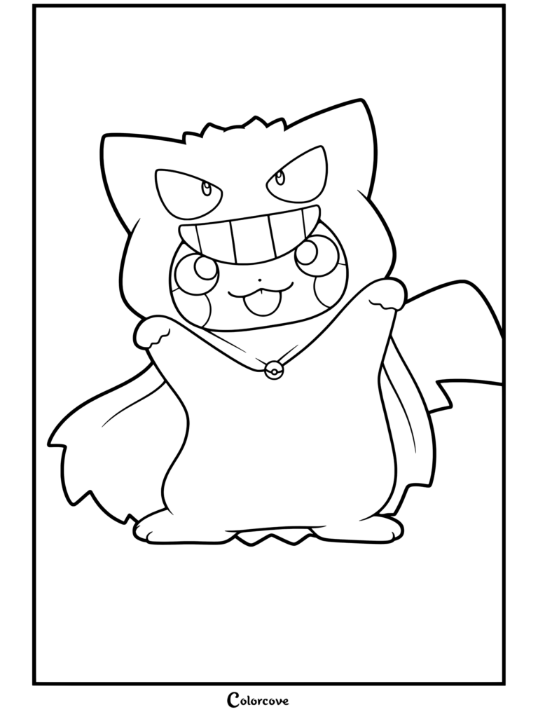 Pikachu con disfraz de sudadera de Gengar con colgante de Pokeball y fondo de caramelos, dibujo terminado para fans de Pokemon de Halloween.