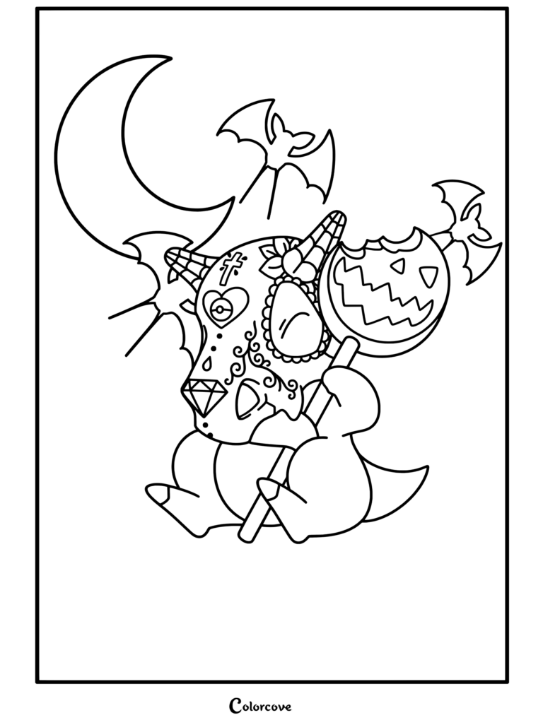 Dibujo para imprimir de Pokemon de Halloween gratis con Cubone usando una máscara de calavera de azúcar del día de los muertos, sosteniendo un hueso bastón de calabaza mordida bajo una luna creciente con murciélagos.