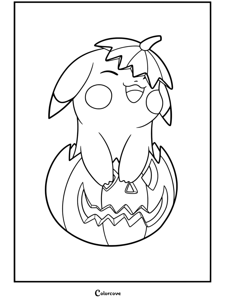 Pikachu con disfraz de calabaza sentado dentro de una calabaza tallada con expresión feliz, página para colorear para fans de Pokemon de Halloween.