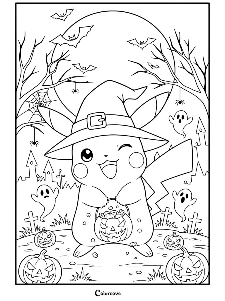 Pikachu con sombrero de bruja y cubo de caramelos de calabaza en la noche de Halloween, dibujo de Pokemon de Halloween terminado