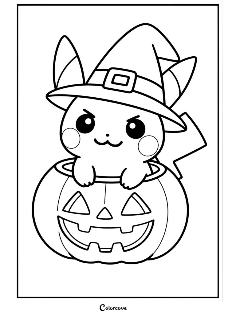 Pikachu con un sombrero de bruja sentado dentro de una calabaza de Halloween para los fanáticos de los Pokemon de Halloween.