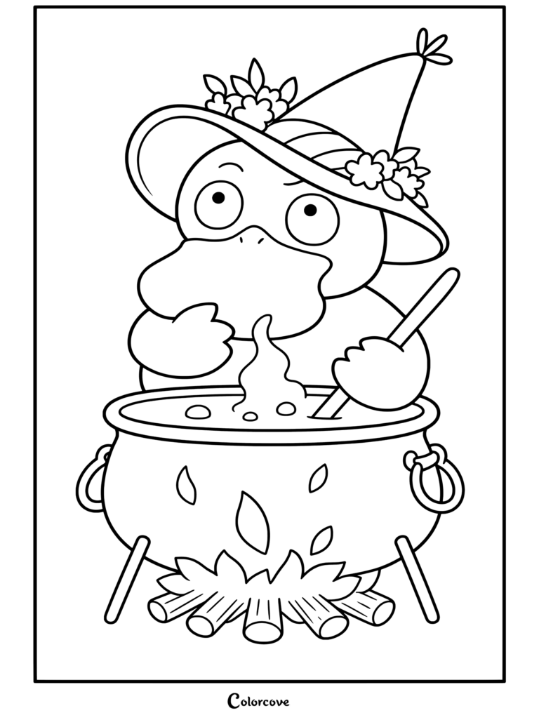 Dibujo de Pokemon de Halloween con Psyduck con un sombrero de bruja con flores y revolviendo un caldero hirviendo con una cuchara de madera sobre el fuego.