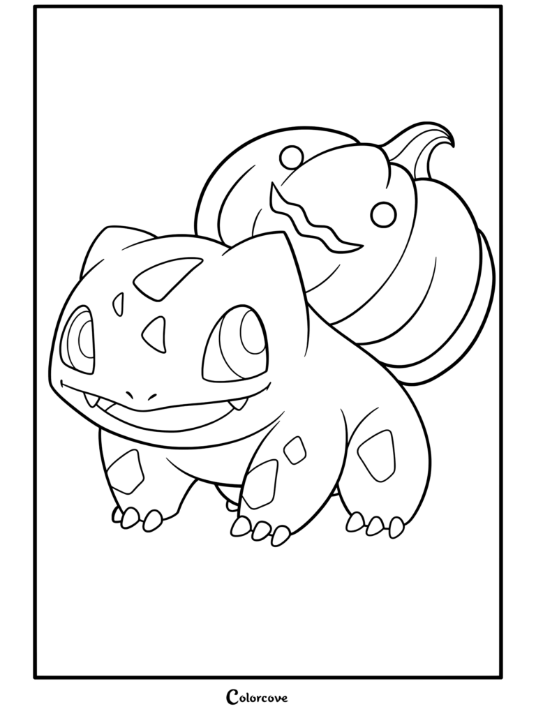 Dibujo para colorear imprimible de Bulbasaur variocolor morado cargando una calabaza en su espalda para los fans de Pokemon de Halloween.