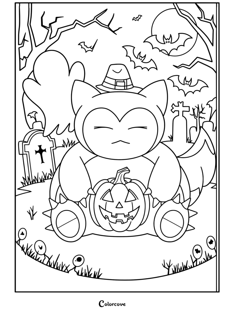 Snorlax morado con sombrero de bruja sosteniendo una calabaza con fantasma y murciélagos en un cementerio, dibujo de Pokemon de Halloween