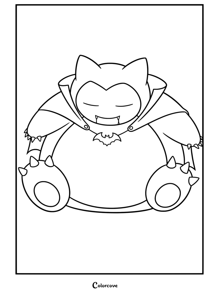 Snorlax disfrazado de vampiro Drácula con collar de murciélago, capa y colmillos para un dibujo de Pokemon de Halloween