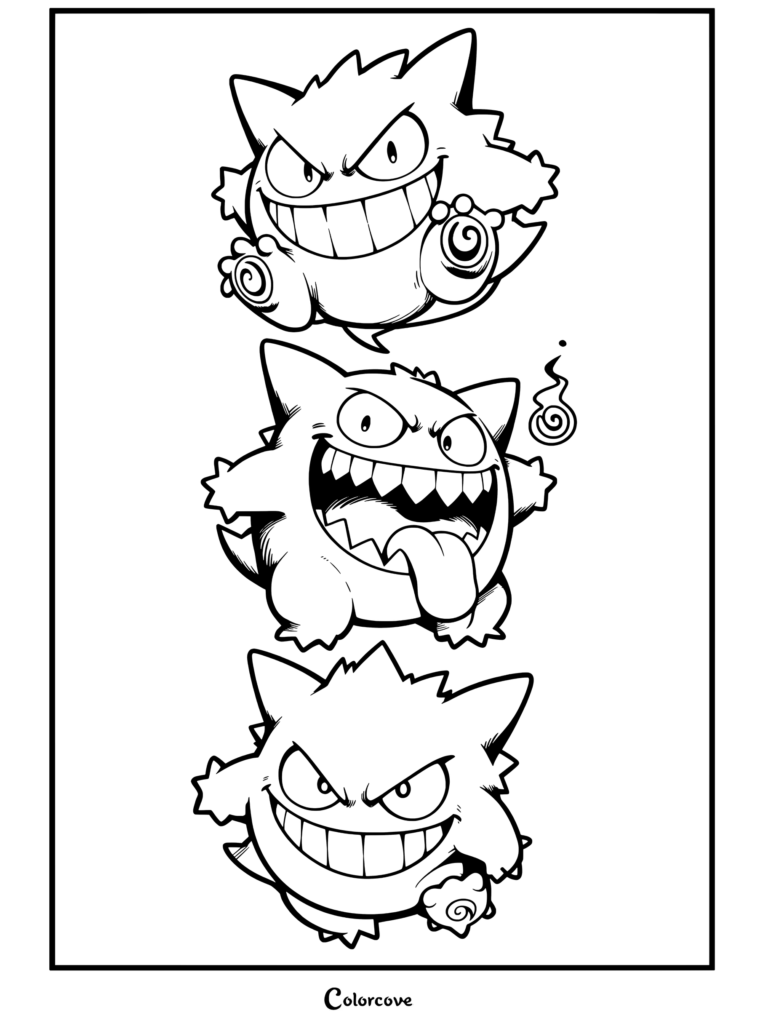 Tres poses del personaje Gengar que muestran expresiones divertidas de Halloween con grandes sonrisas, dientes afilados y motivos de fantasmas espeluznantes para colorear.