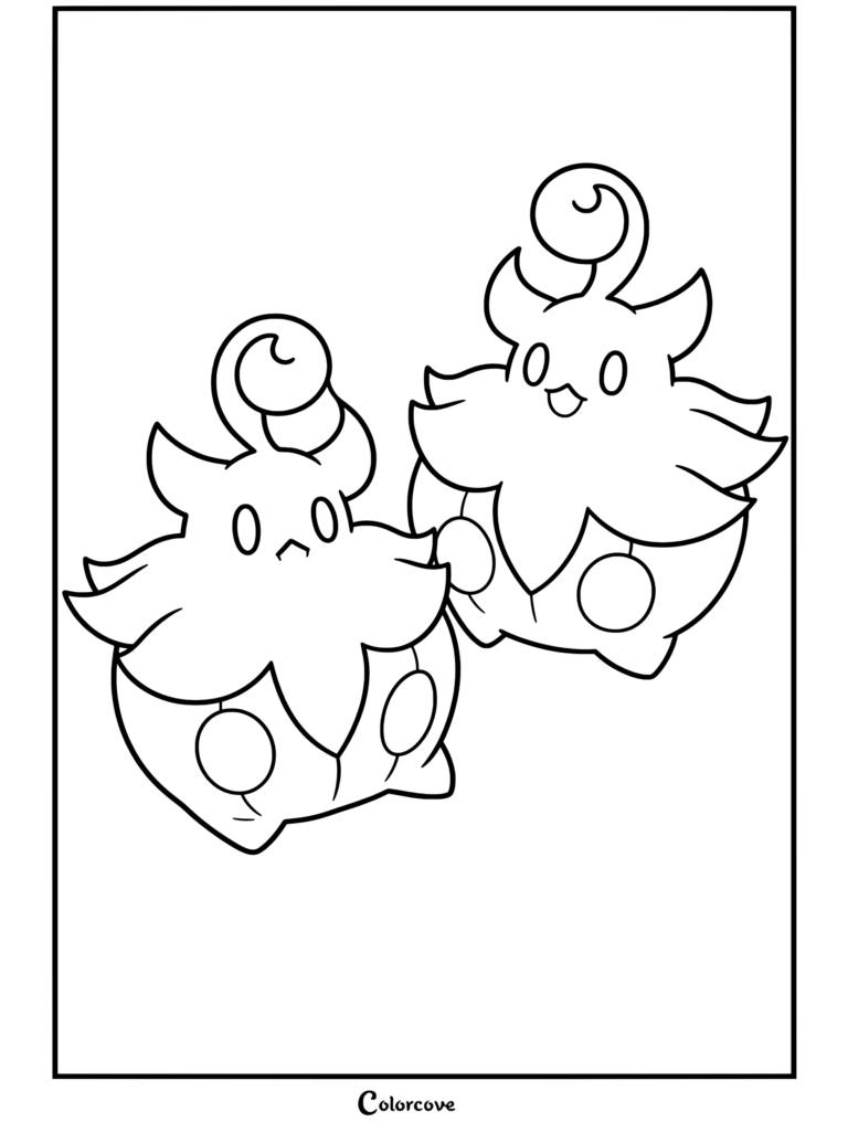 Dibujo para colorear de Pokemon de Halloween gratis para imprimir con dos adorables Pumpkaboo con expresiones sonrientes.