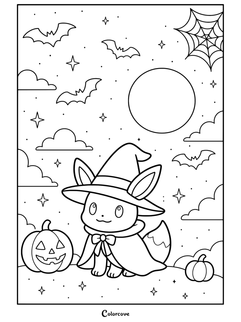 Dibujo gratuito para imprimir de Pokemon de Halloween con Eevee con sombrero de bruja morado y capa sentado junto a calabazas bajo la luna llena con murciélagos.