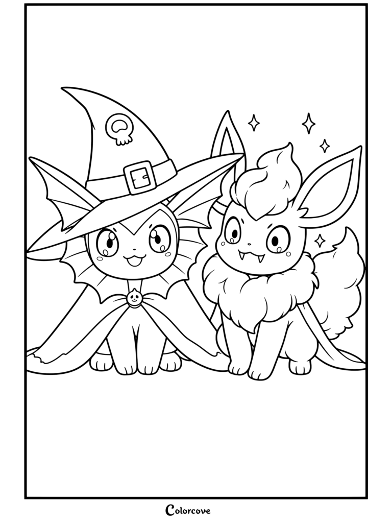 Vaporeon con sombrero de bruja y capa sentado junto a Flareon con capa y destellos, dibujo de Halloween para colorear