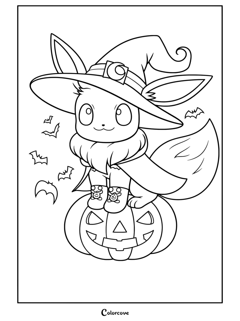 Dibujo gratuito de Pokemon de Halloween con Eevee usando un sombrero de bruja y capa sentado en una calabaza rodeado de murciélagos.