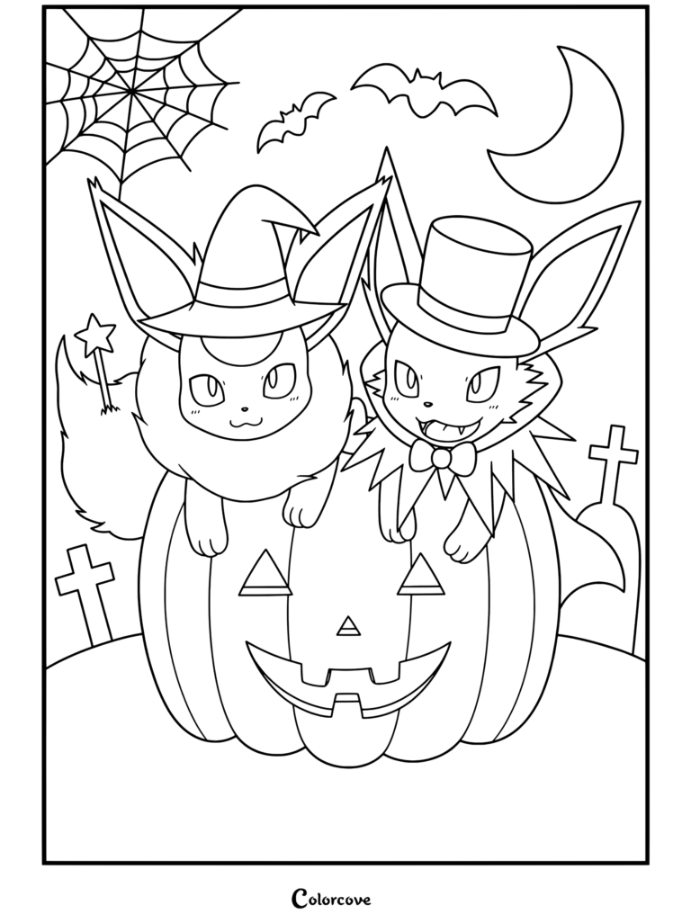 Eevee con sombrero de bruja y Jolteon con capa de vampiro y sombrero de copa posando dentro de una calabaza en la noche de Halloween en este dibujo gratis de Pokemon de Halloween.