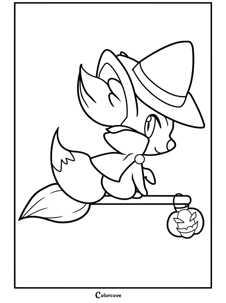 Fennekin con sombrero de bruja morado y capa montando una escoba y sosteniendo una calabaza, dibujo de Pokemon de Halloween terminado