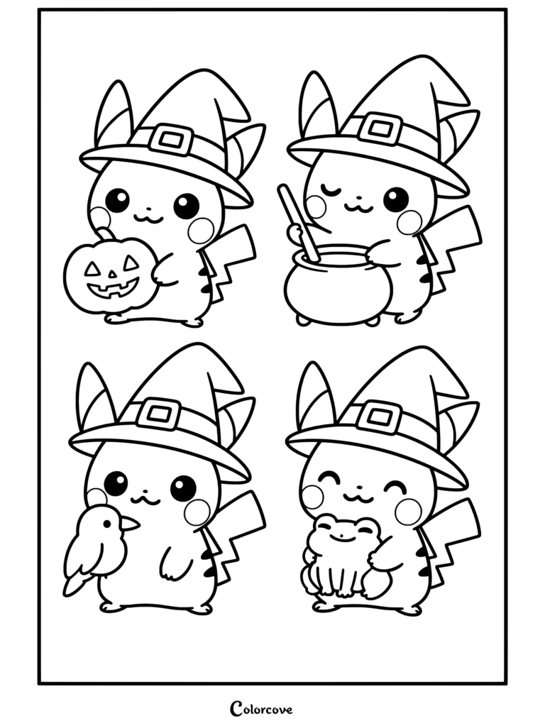 Cuatro pegatinas de Pikachu como Pokemon de Halloween con sombreros de bruja sosteniendo una calabaza, caldero de bruja, cuervo y rana en este dibujo.