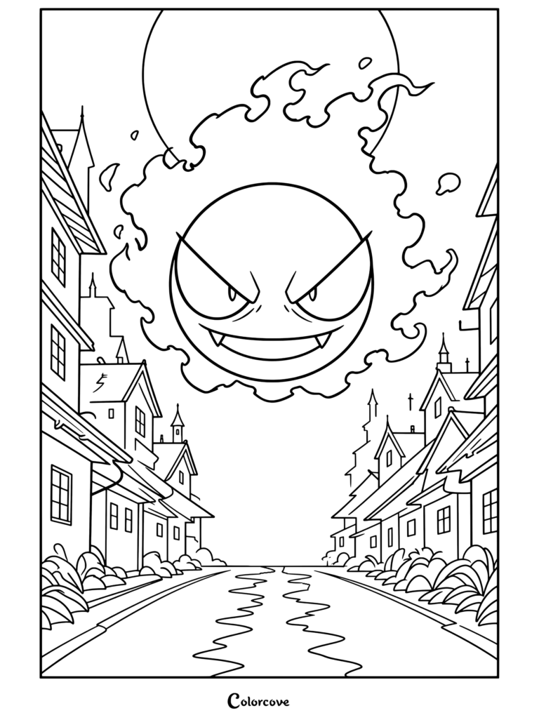 Gastly flotando amenazantemente sobre una calle oscura y brumosa bajo la luna llena con ventanas brillantes, dibujo de Pokemon de Halloween