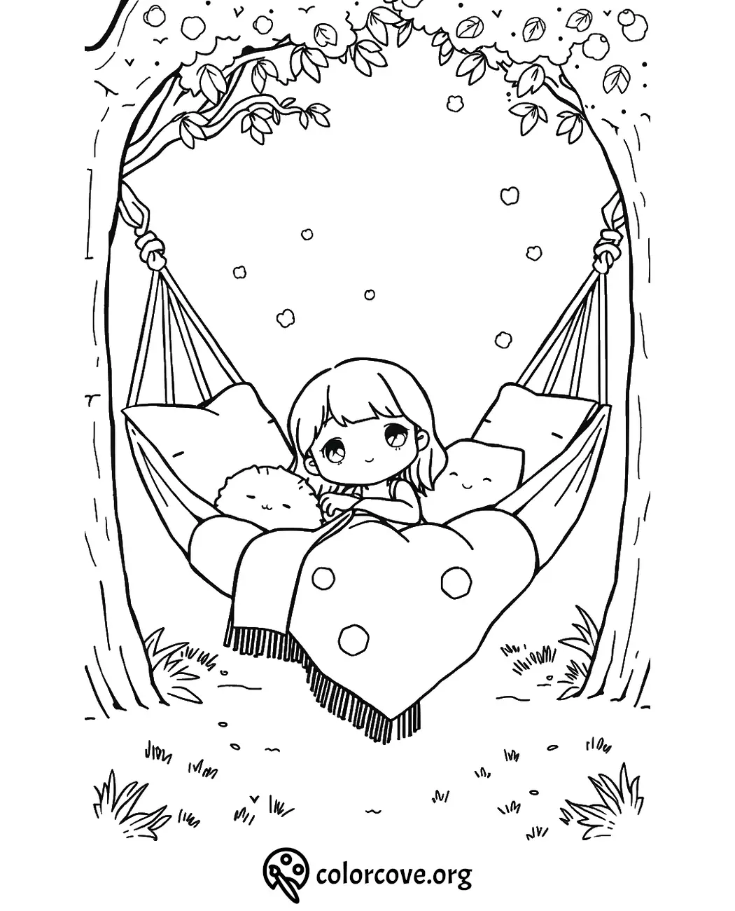 Cute girl relaxing in a hammock between trees, surrounded by nature on a coloring page.