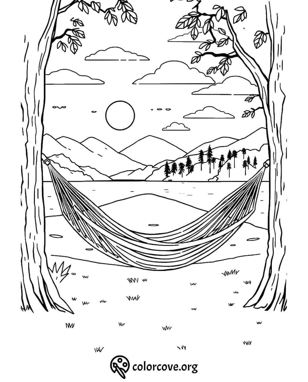 Relaxing hammock scene by a lake with mountains and trees, perfect for coloring and meditation.