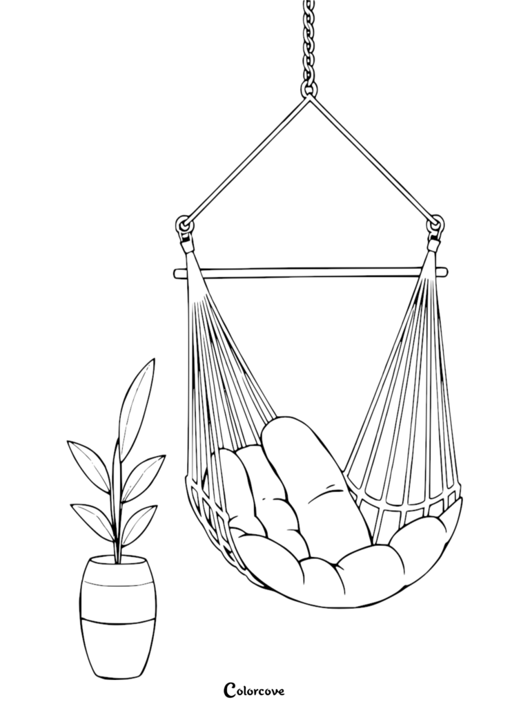 A hanging hammock chair with a soft cushion next to a potted plant, featured in a relaxing hammock coloring page.