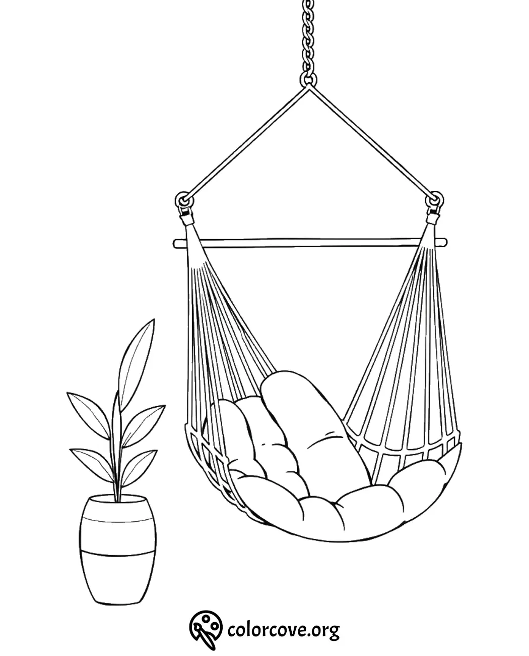 Hammock chair coloring page with potted plant for relaxing home decor creativity.