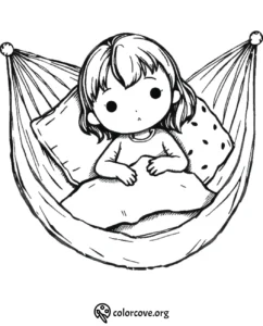 Cute girl resting in a hammock coloring page for kids. Relaxing and creative activity. Free printable at colorcove.org.