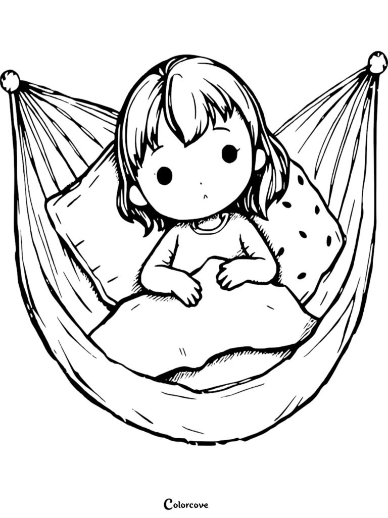 A cute girl resting in a hammock with a pillow and blanket, line art coloring page.