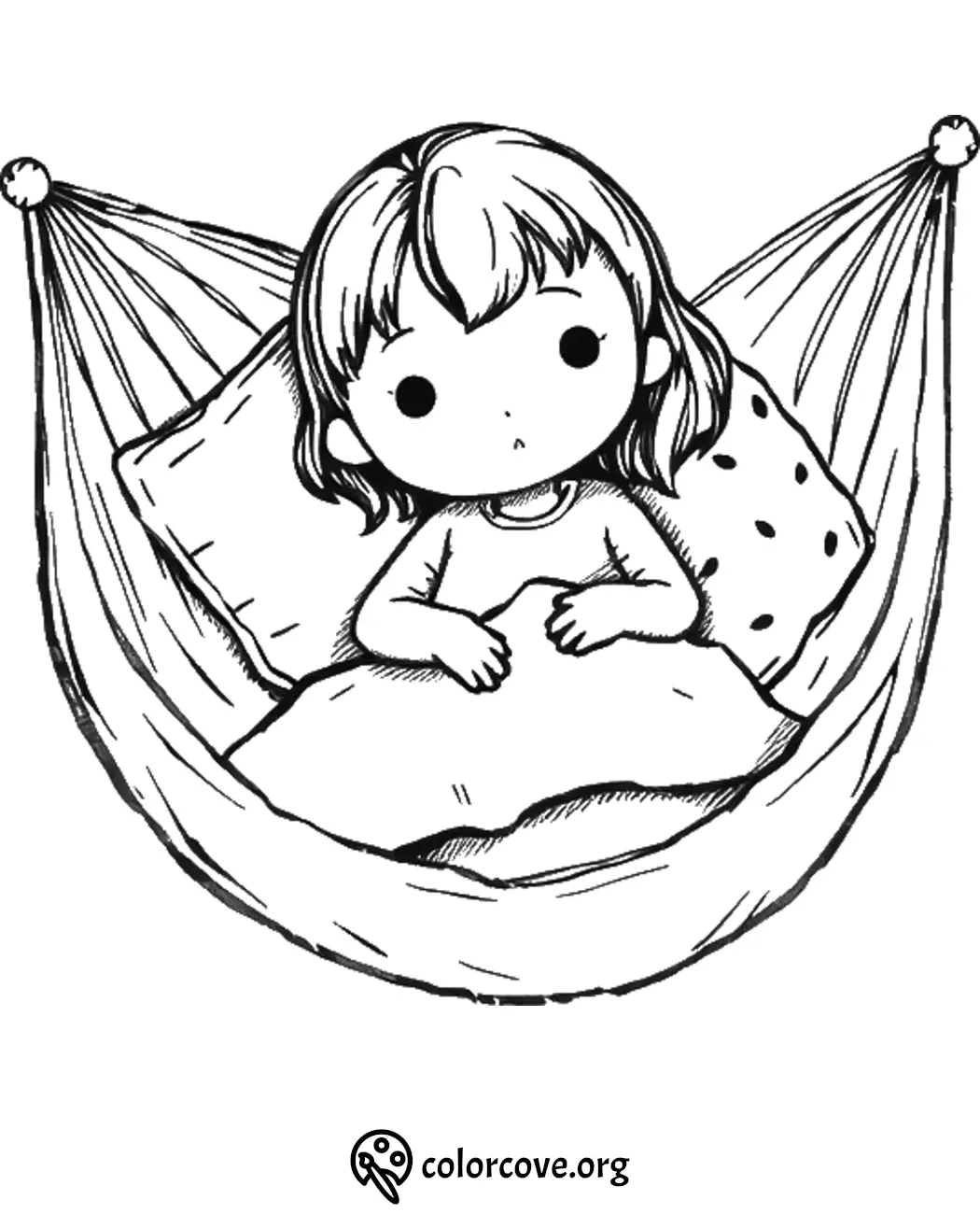 Cute girl resting in a hammock coloring page for kids. Relaxing and creative activity. Free printable at colorcove.org.