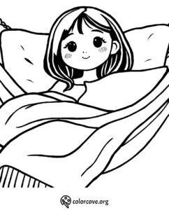 Cute girl relaxing in a hammock coloring page, perfect for kids' creative coloring activities.