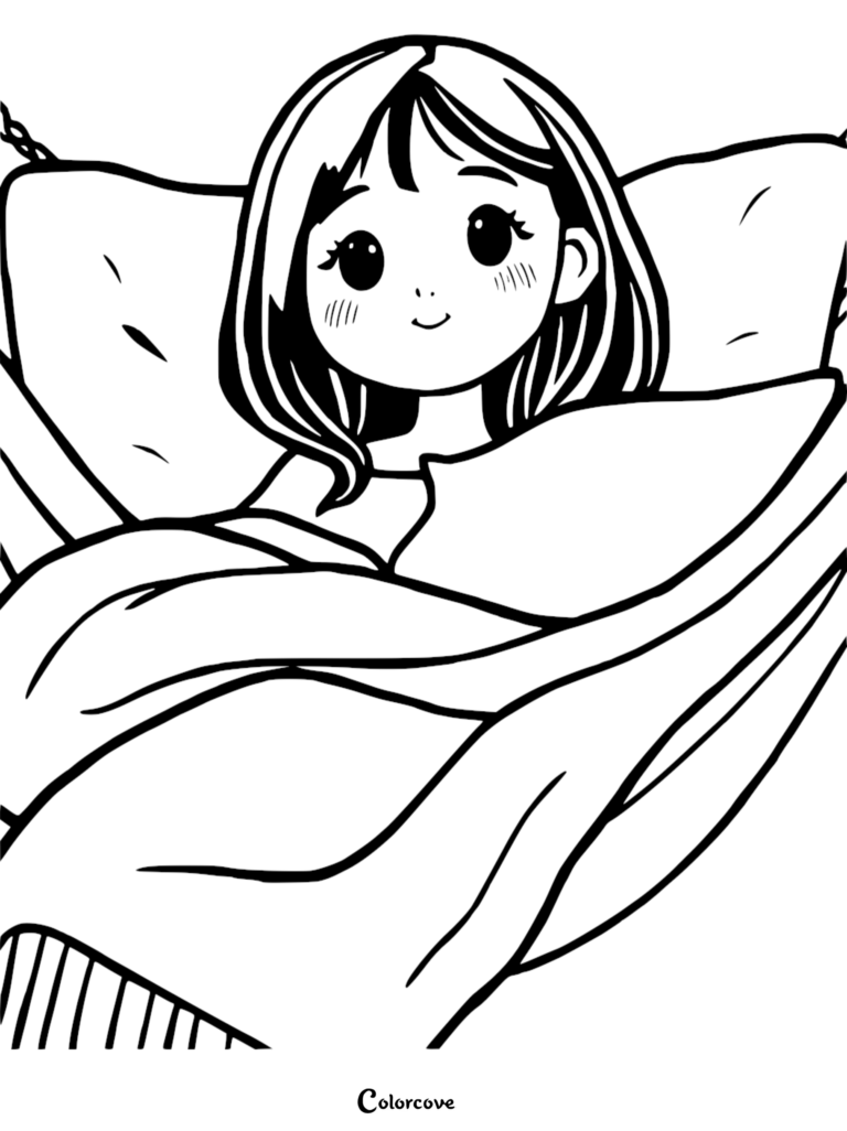A cute girl with bobbed hair resting in a hammock, printable coloring page.