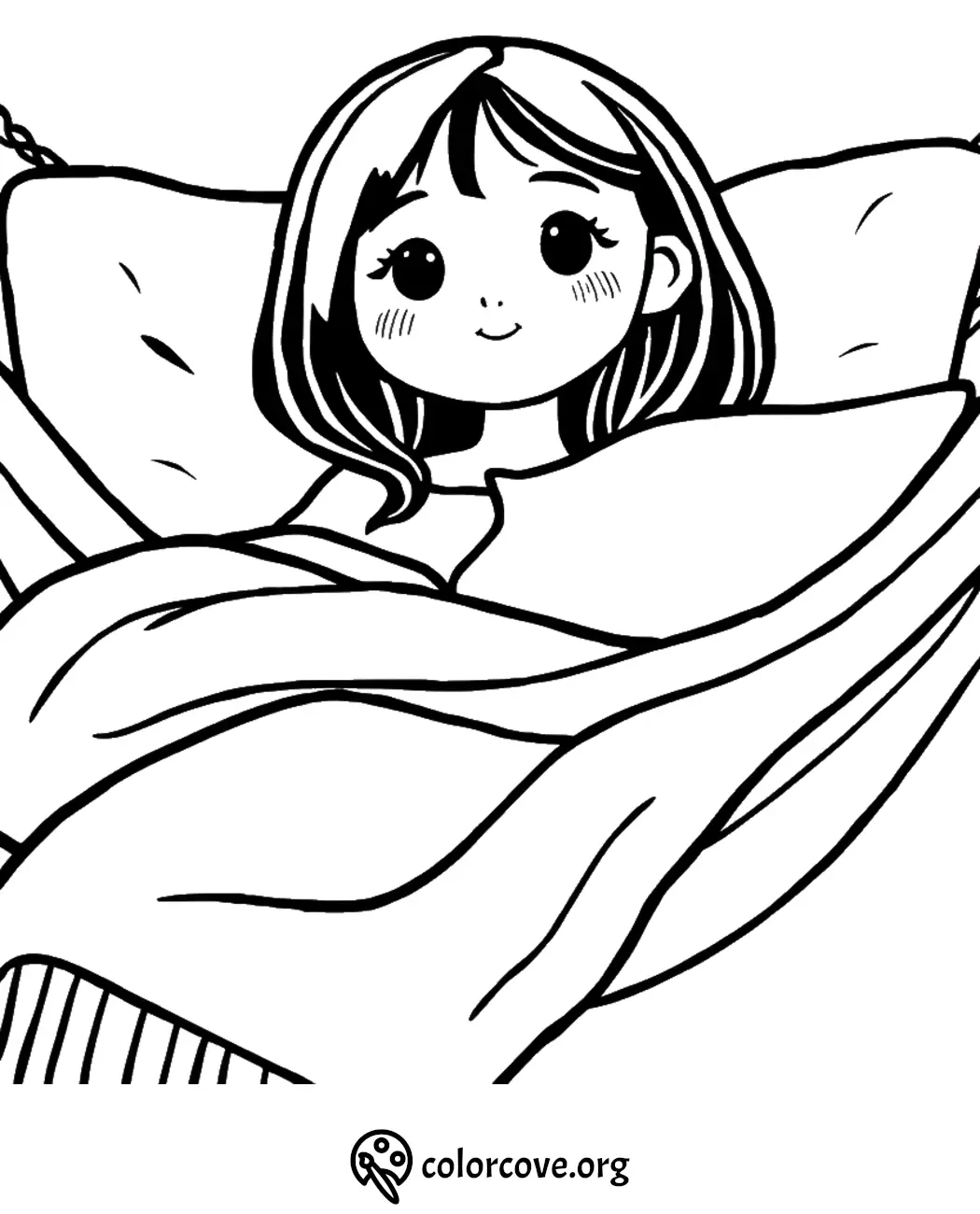 Cute girl relaxing in a hammock coloring page, perfect for kids' creative coloring activities.