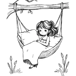 Young girl relaxing in a hammock under tree branches, coloring page by colorcove.org.