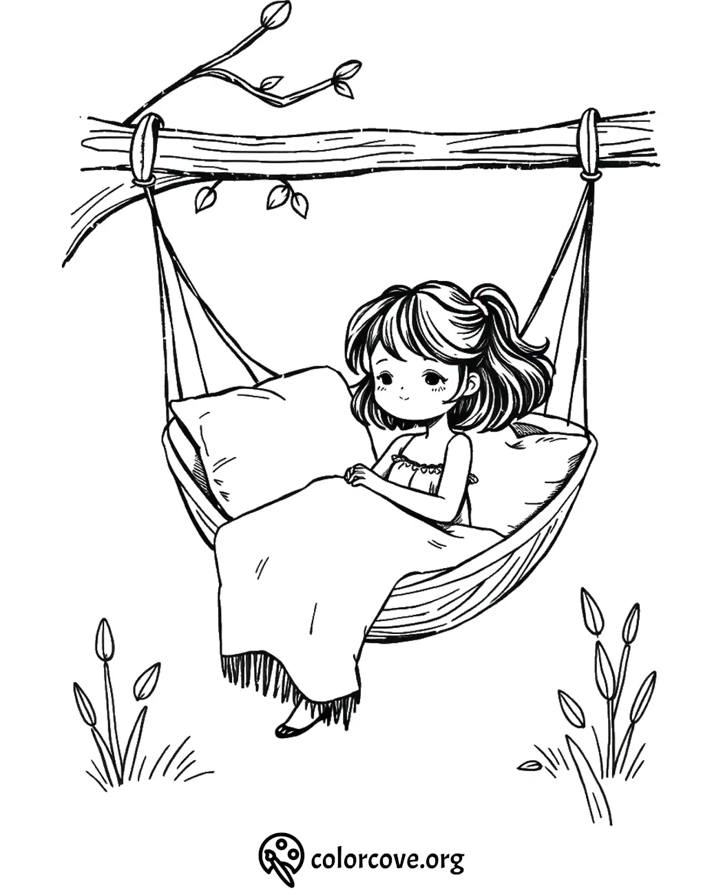 Young girl relaxing in a hammock under tree branches, coloring page by colorcove.org.