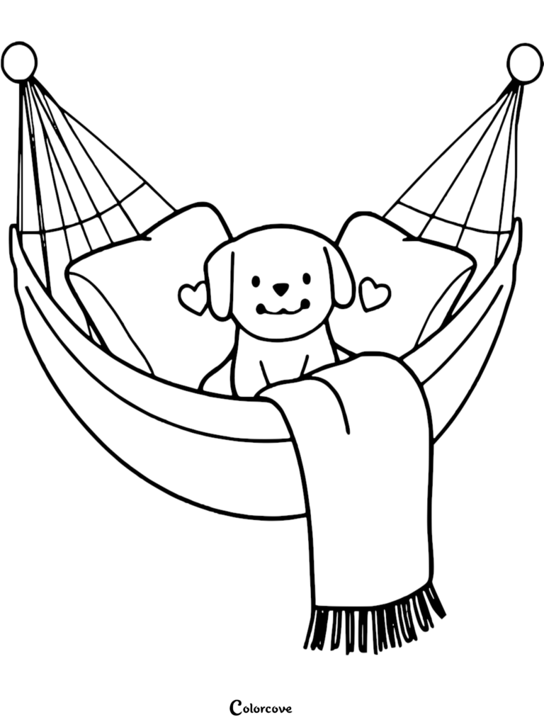 A cute puppy sitting in a hammock with pillows and a blanket in this free printable coloring page.