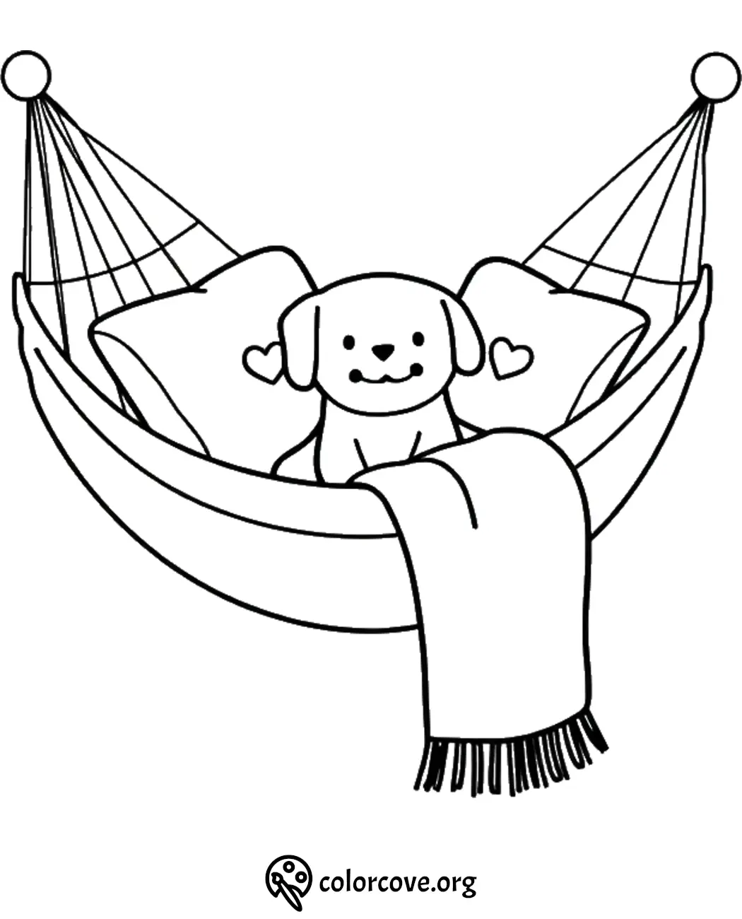 Cute dog in a hammock coloring page with hearts and cozy blanket. Relaxing scene for kids to color.