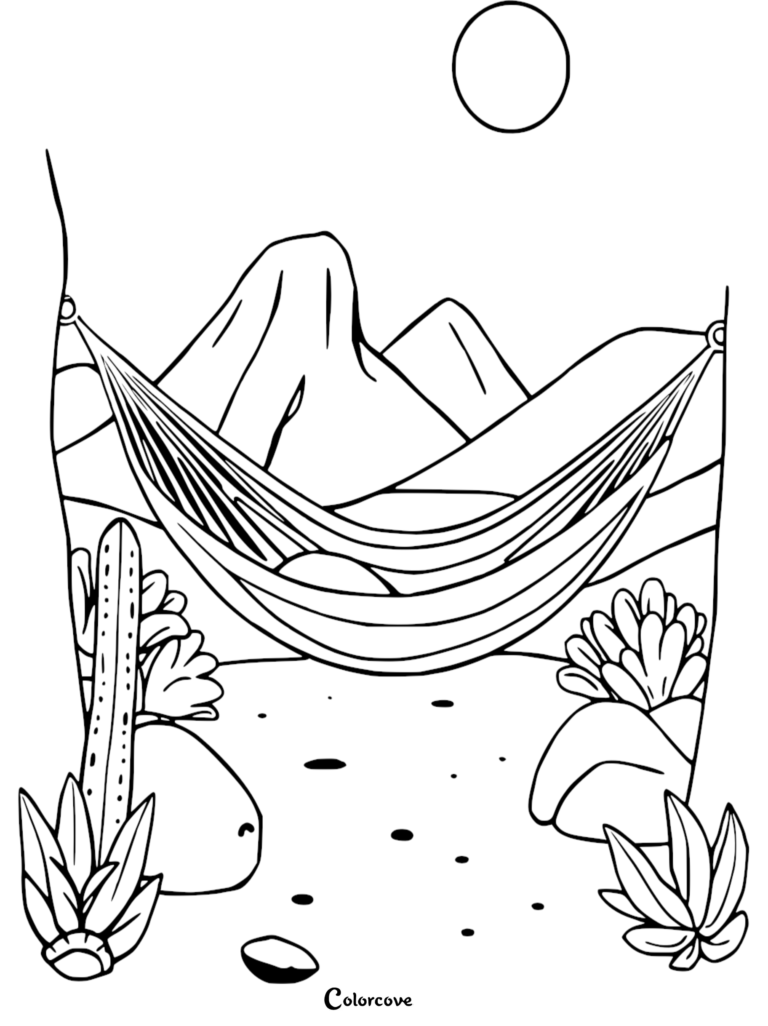 A relaxing hammock coloring page featuring a desert landscape with mountains, cacti, and a bright sun.