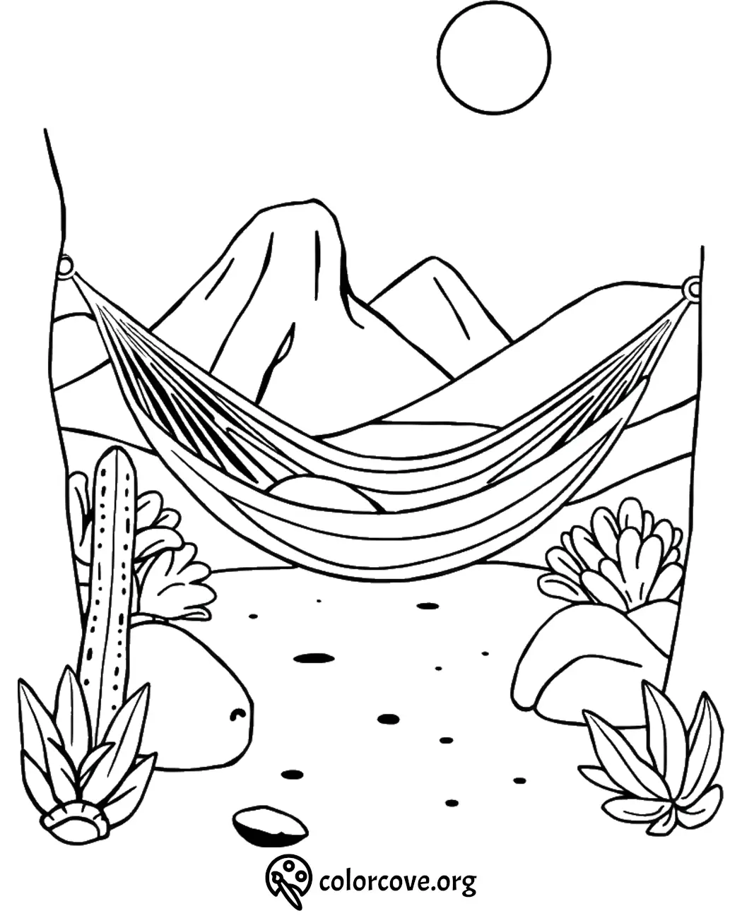 Desert scene coloring page with mountains, hammock, cactus, and plants under the sun. Relaxing landscape for kids.