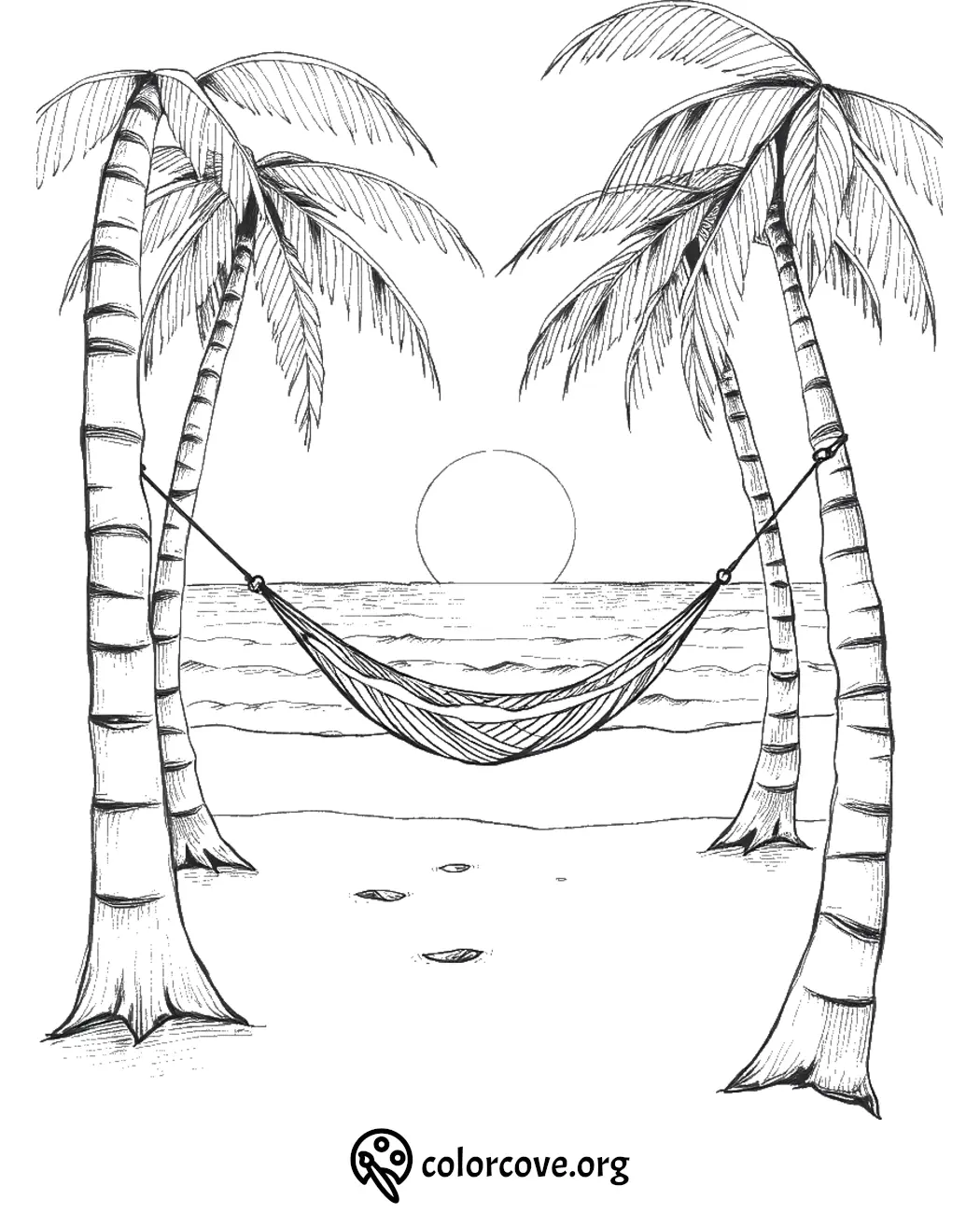 Tropical beach coloring page with a hammock between palm trees at sunset, perfect for relaxing and creative coloring.