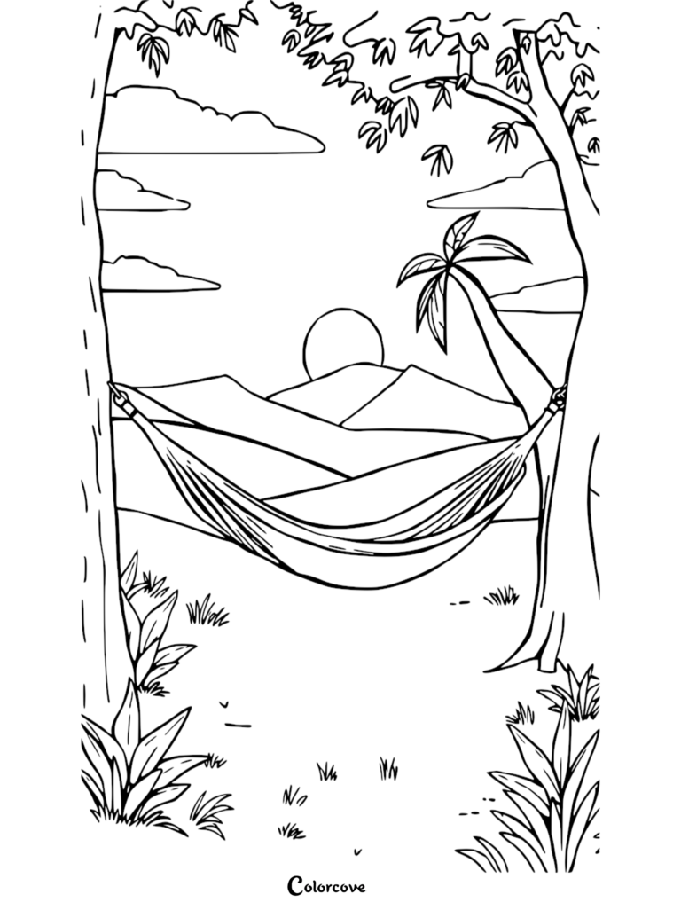 A printable coloring page featuring a relaxing hammock strung between two palm trees overlooking a mountain sunset scene.