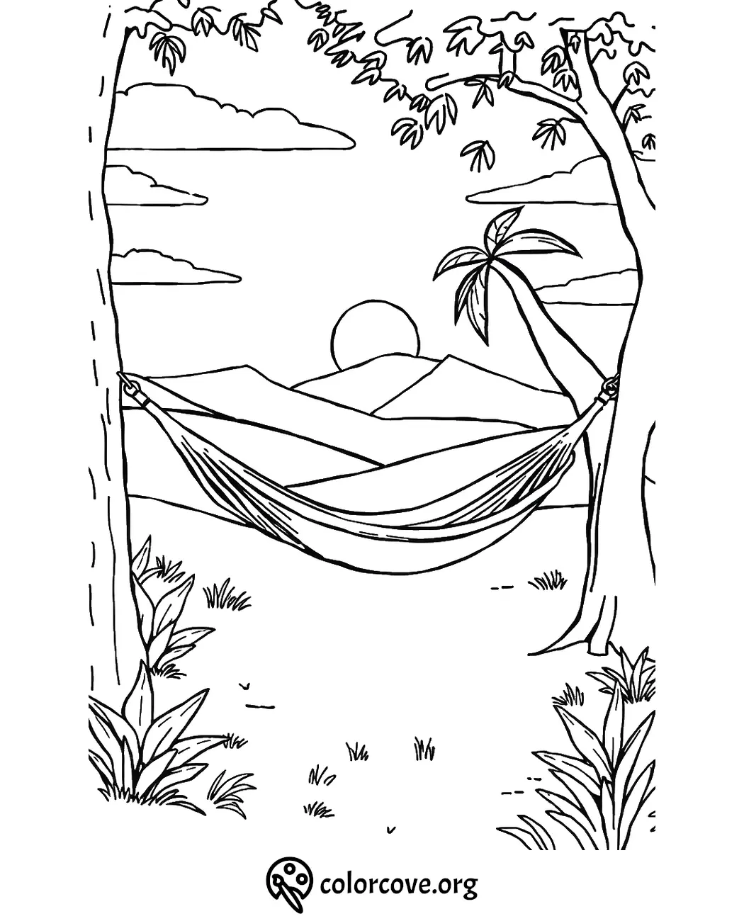 Relaxing hammock coloring page with trees, sunset, and mountains in the background. Perfect for stress relief.