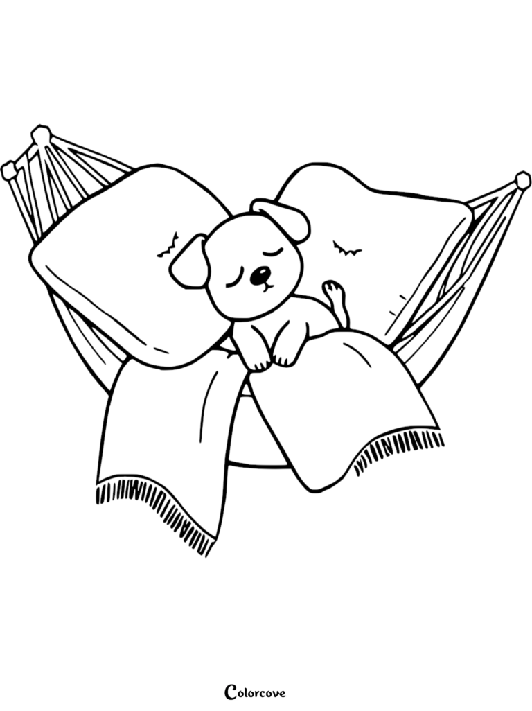 A cute puppy sleeping on a pillow inside a hammock, printable coloring page.