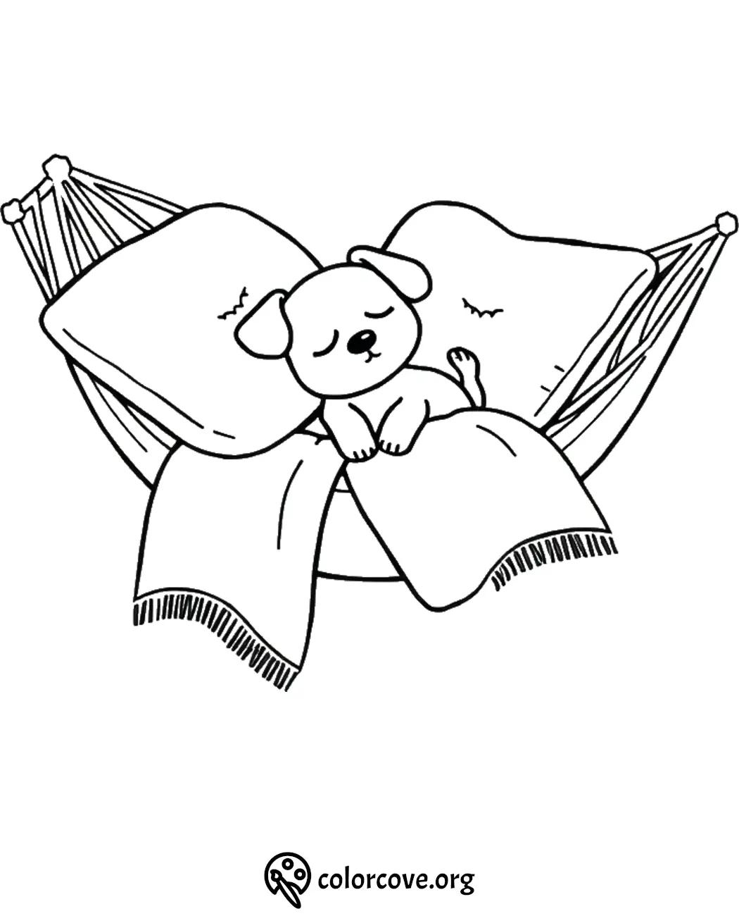 Cute puppy sleeping on a hammock coloring page with blanket and pillows. Perfect for kids' relaxation activities.