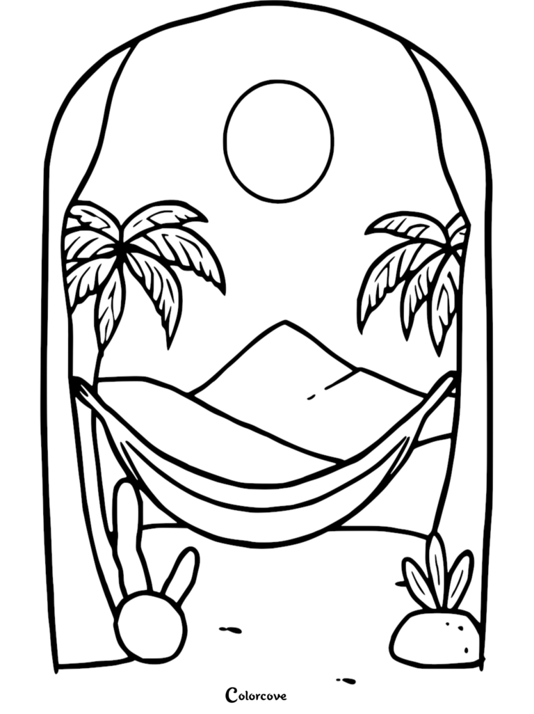 A relaxing hammock coloring page featuring palm trees, a sun, and mountains in an arched frame.