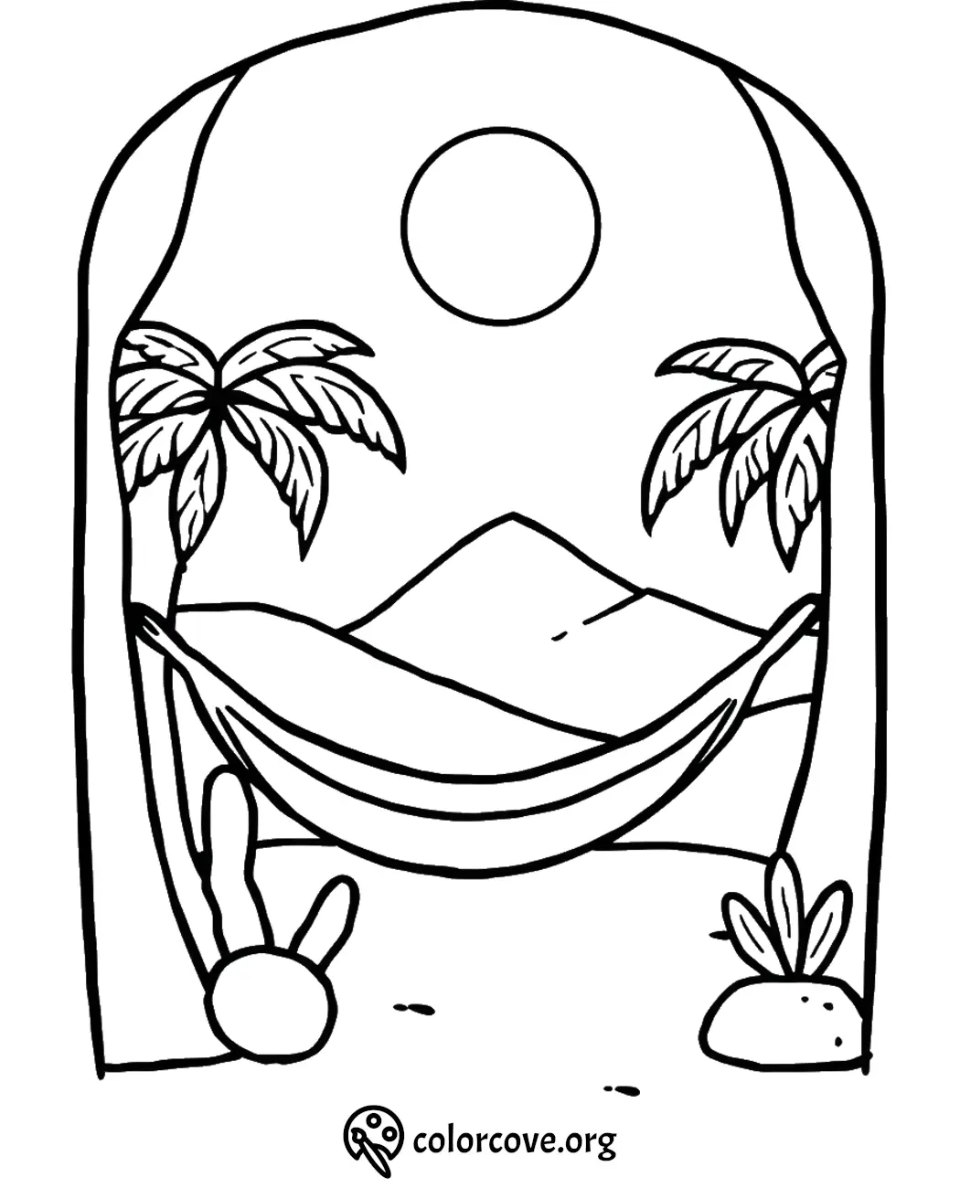 Relaxing desert hammock coloring page with palm trees, mountains, and sun. Printable art from colorcove.org.